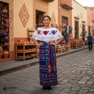 Traditional Mexican Floral Cambaya Dress Set – Handmade Two-Piece Skirt & Blouse